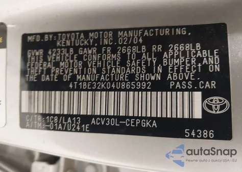 2004 Toyota Camry Xle из США, поврежденный, VIN 4T1BE32K04U865992